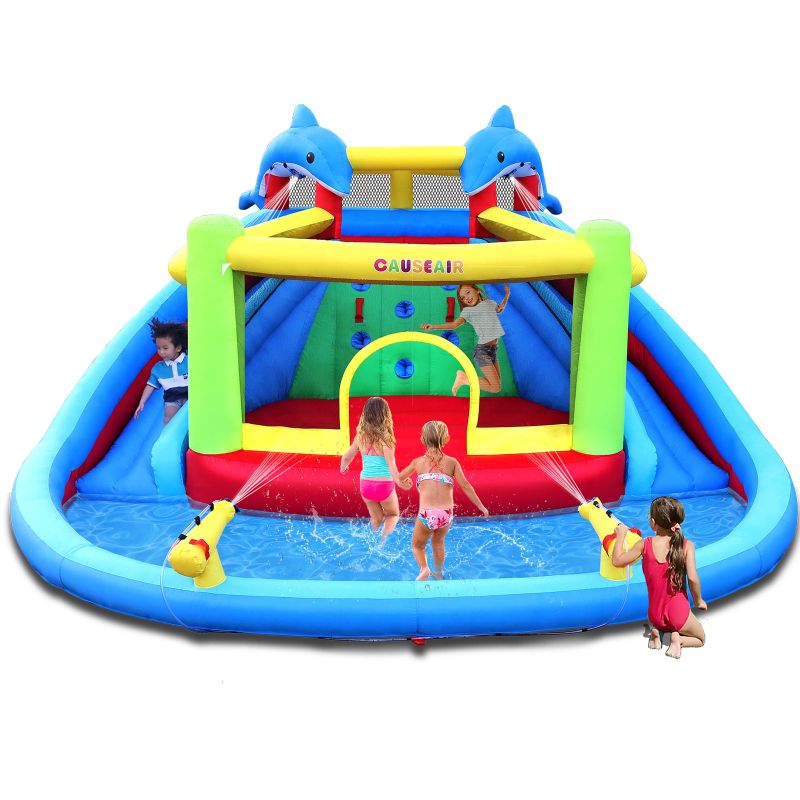 Photo 1 of Causeair Inflatable Water Slide with Build in Bounce House,Splashing Pool,Double Cannon,Climbing Wall,Heavy Duty GFCI Blower,Water Park for Kids Backyard Summer
