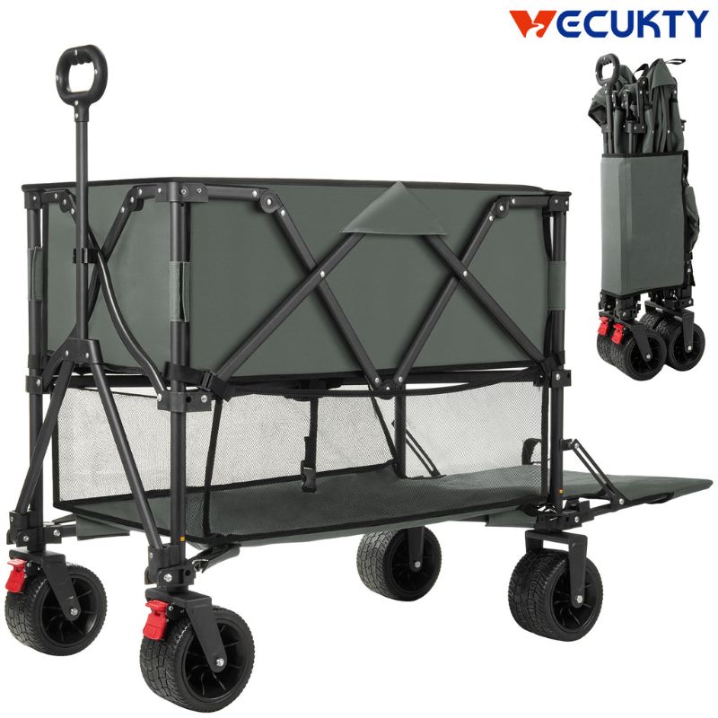 Photo 1 of Folding Double Decker Camping Wagon, VECUKTY Heavy Duty Collapsible Outdoor Wagon Cart with 54" Lower Decker, All-Terrain Big Wheels Support Up to 500lbs, Gray
