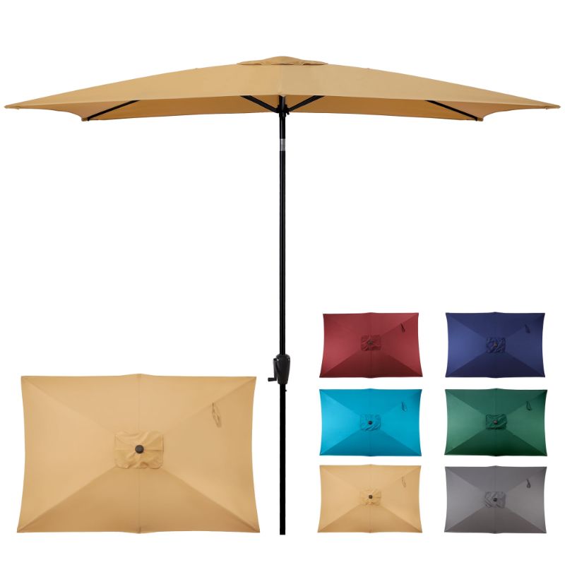 Photo 1 of Sun-Ray 6.6x10 FT Rectangular Patio Umbrella with Push-Button Tilt and Hand Crank Canopy Lift, Table Umbrella with Solution Dyed Navy Fabric for Porch, Deck, Garden, and Swimming Pool, Taupe
