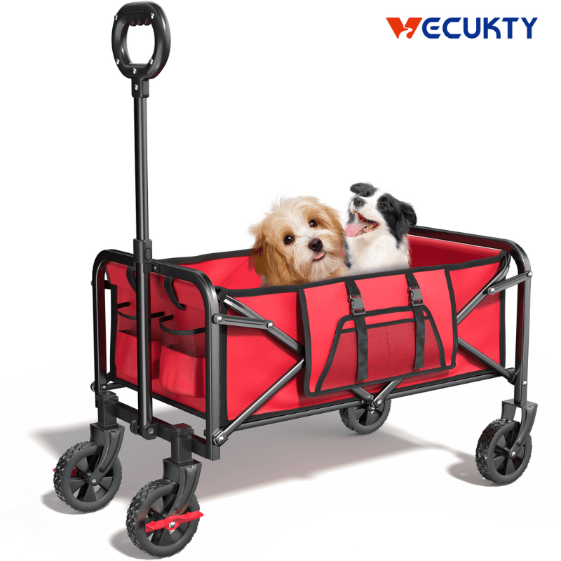 Photo 1 of BEAU JARDIN Folding Wagon Cart with Brakes Free Standing Collapsible Utility Camping Grocery Canvas Fabric Sturdy Portable Rolling Buggies Outdoor Garden Sport Heavy Duty Shopping Cart Push Wagons Red