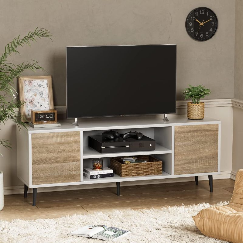 Photo 1 of  Modern TV Stand for 65" Television, Entertainment Center with Two Storage Cabinets, Retro Style Media Console for Living Room, Bedroom, Office, 58 Inch, White and Coffee https://a.co/d/6iRX3cd