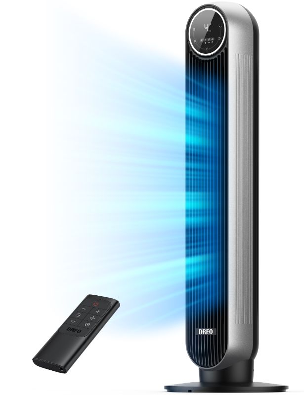 Photo 1 of Dreo Tower Fans for Home, 2024 New 90° Oscillating Standing Fans with Remote, 24 ft/s Velocity Quiet Bedroom Fan, 4 Speeds, 4Modes, 8H Timer, Bladeless Floor Fan, Black Silver
