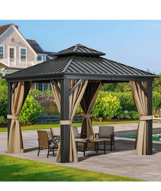 Photo 1 of 10x10ft Gazebo Double Roof Canopy with Netting and Curtains, Outdoor Gazebo 2-Tier Hardtop Galvanized Iron Aluminum Frame Garden Tent for Patio, Backyard, Deck and Lawns