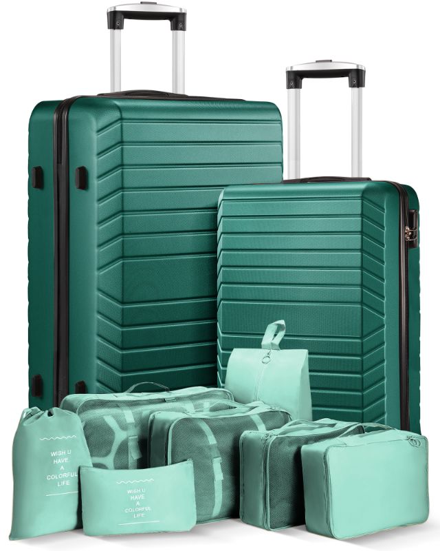 Photo 1 of 2 Piece Travel Luggage Sets (20"&28") Hardside Suitcase with 7PC Organizer Bags,Green