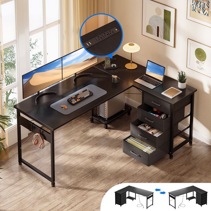 Photo 1 of AODK L Shaped Desk with 4 Tier Drawers, 53" Reversible Gaming Desk with Power Outlets, L Shaped Computer Desk with USB Charging Port and Host Stand, Home Office Corner Desk, Easy to Assemble, Black