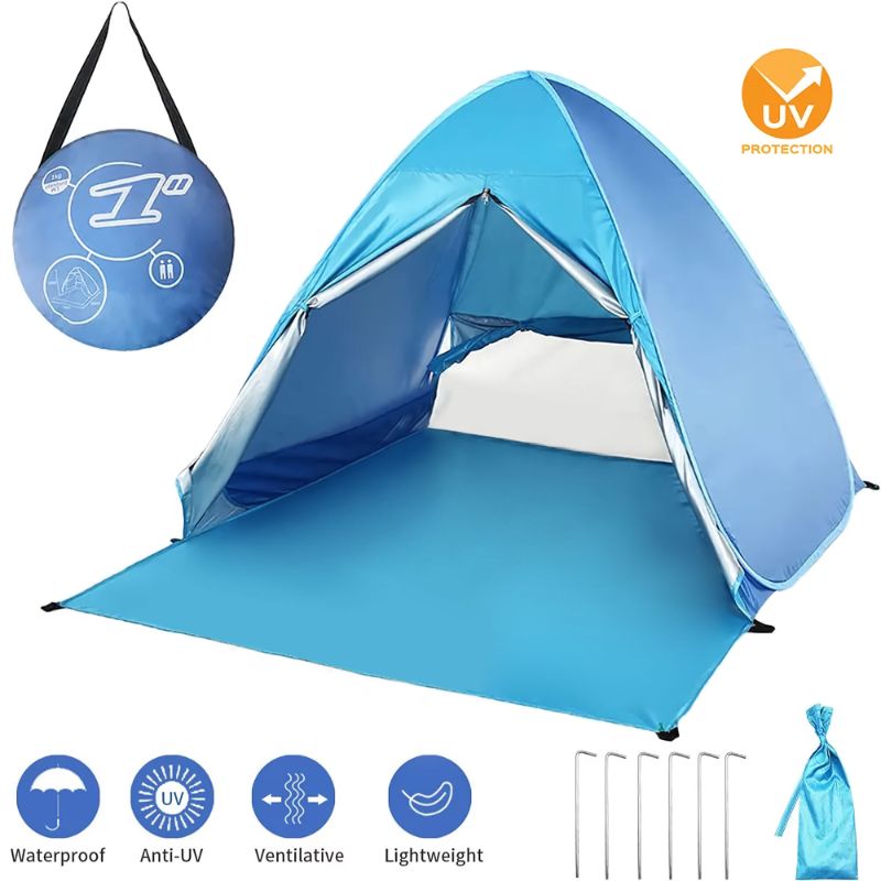 Photo 1 of BEEPRINCESS Beach Tent, Anti-UV Pop Up Sun Shelter Beach Tent With Carry Bag for 2-3 Person, Lightweight & Easy Setup Beach Tent, Blue