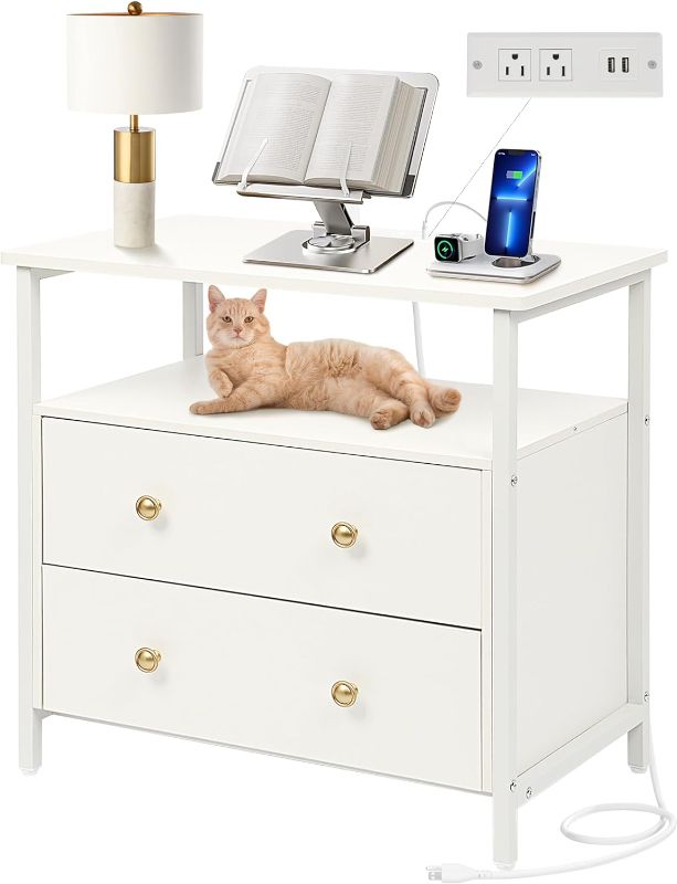 Photo 1 of 
Roll over image to zoom in






4 VIDEOS


VIEW IN YOUR ROOM
27 inch Wide Nightstand with Charging Station, Bedside Table with Open Shelf, 2 Drawers Small Wood Dresser, End Side Table for Bedroom (White)
