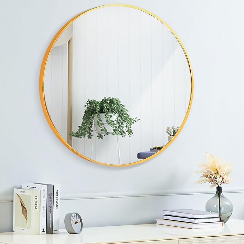 Photo 1 of 20" Round Mirror Circle Wall Mounted Hanging or Against Wall Metal Frame Dressing Make-up Mirrors for Entryway Bedroom Bathroom Living Room 20 inch Gold