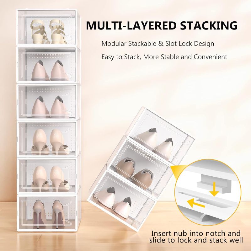 Photo 1 of 12 Pack Large Shoe Organizer Storage Boxes for Closet, Modular Space Saving Shoe Boxes Clear Plastic Stackable Sneaker Containers Display Case with Lids, White