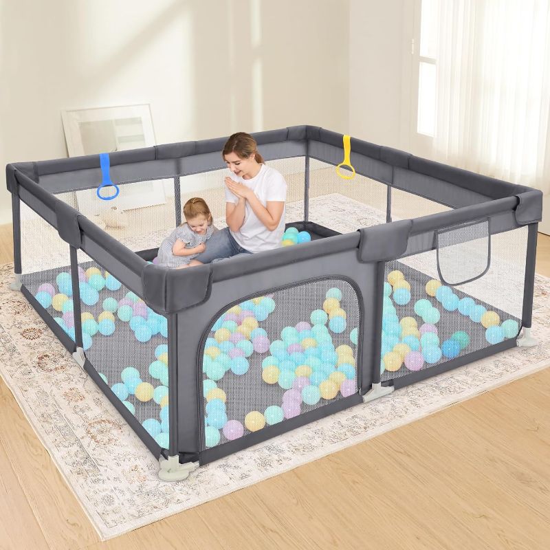 Photo 1 of Dripex Baby Playpen, 50"x50" Play Pens for Babies and Toddlers, Safe Anti-fall Play Yard, Visible Baby Play Pen with Gate, Baby Fence Play Area with Pull-up Ring, Washable Baby Play Yards, Anchor Grey