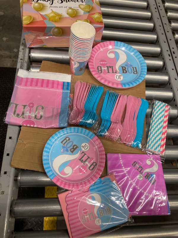 Photo 2 of Gender Reveal Party Supplies Decorations - For 24 Guest Baby Gender Reveal With Flatware, Spoons, Plates, Cups, Straws, Napkins, Invitation Card, Tablecloth, Favor Pack Set for Boy or Girl