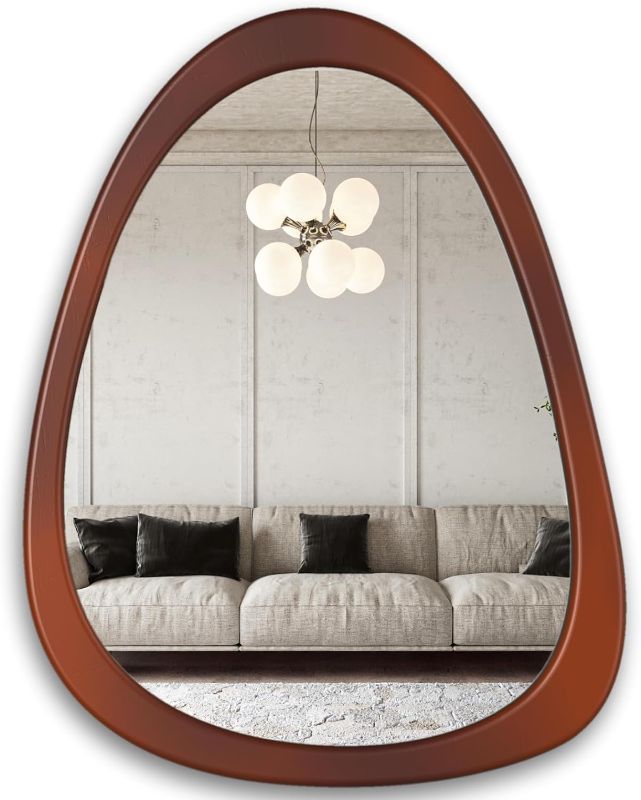 Photo 1 of 34"x 26" Irregular Mirror, Wood Wall Frame Mirror, Asymmetrical Decorative Wall Wooden Mirror for Living Room Bedroom Entryway Bathroom Mid Century Home Decor Cherry Brown
