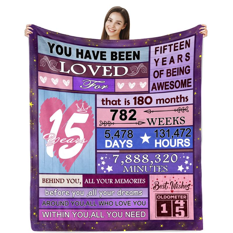 Photo 1 of 2 PIECE COVER BUNDLE! 15 Year Old Girl Gift for Birthday Throw Blanket 60"x50", 15th Birthday Gifts for Girls, Gifts for 15 Years Old Girl, Quinceanera Gifts, 15th Birthday Gift Ideas, 15th Birthday Decorations for Girl 50"x60" Purple 15th