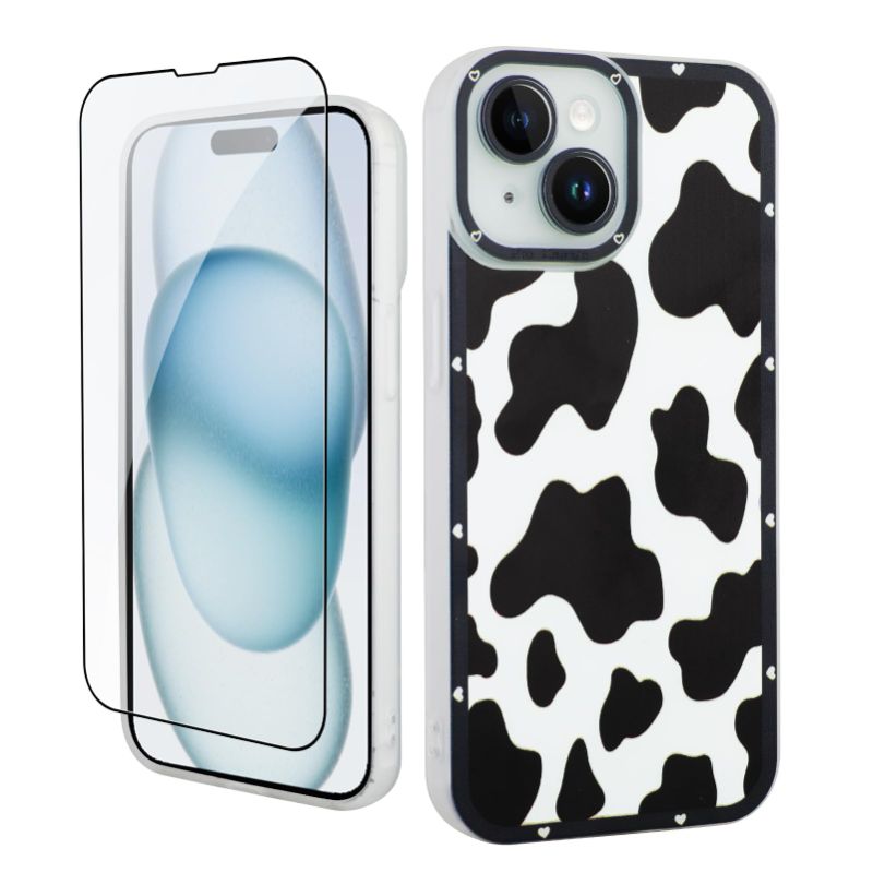 Photo 1 of 2 PIECE BUNDLE! OOK Cute Phone Case for iPhone 15 Case 6.1inch, Fashion Cow Print Silicone Slim Soft TPU Shockproof Phone Case for Women, with Screen Protector, Black Cow for iPhone 15 Black Cow