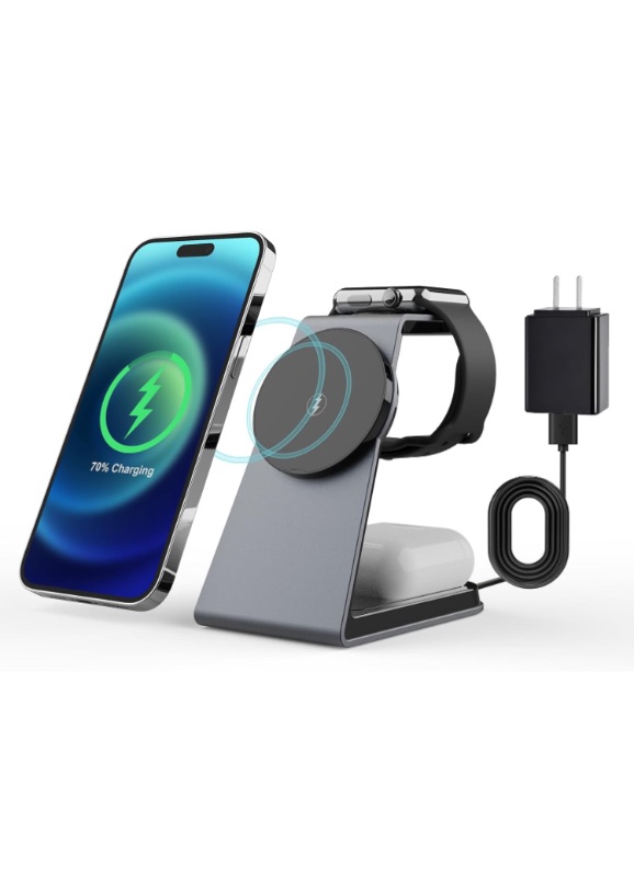 Photo 2 of Magnetic Wireless Charger, 3 in 1 Wireless Charger, 15W Fast Magnetic Wireless Charging for iPhon 15/14/13/12 Series, i-Watch Series, Air-pos 3/2/pro