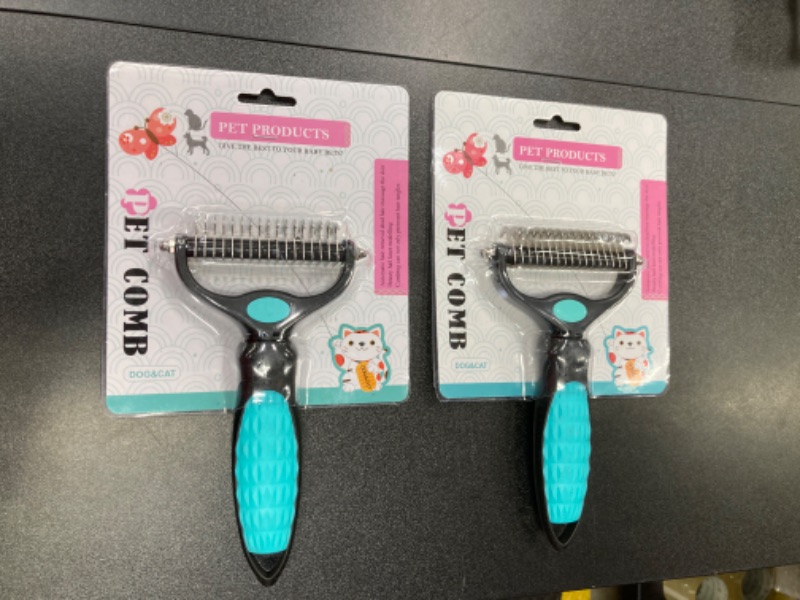 Photo 2 of 2 PACK BUNDLE///Pet Grooming Brush, Handheld Metal Blade Undercoat Dematting Rake, Double-Sided Extra Wide, Suitable for Long-Haired Dogs and Cats Comb, Focused on Removing Mats and Tangles (Blue)