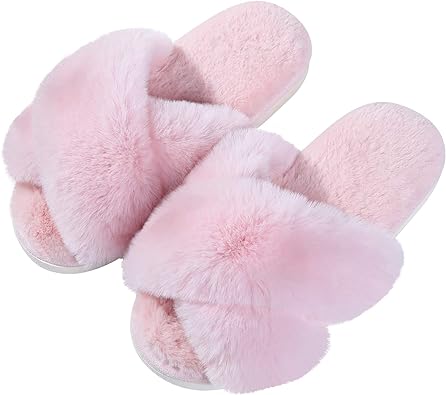 Photo 1 of Evshine Women's Fuzzy Slippers Cross Band Memory Foam House Slippers Open Toe SZ 38