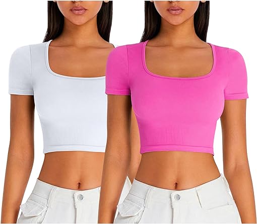 Photo 1 of ***SEE PHOTOS*** OQQ Womens 2 Piece Shirts Short Sleeve Square Neck Seamless Stretch Fitted Basic Crop Tops LARGE 