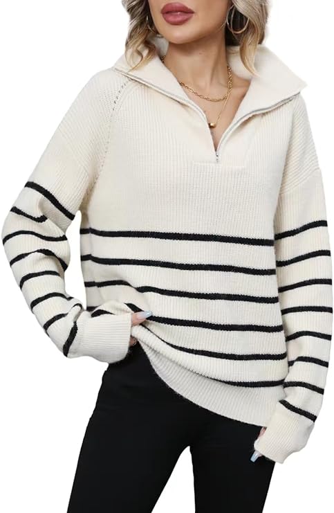 Photo 1 of Women's Striped Sweater Half Zipper Pullover Sweater Long Sleeve Ribbed Knit Loose Oversized Chunky Tops - Large