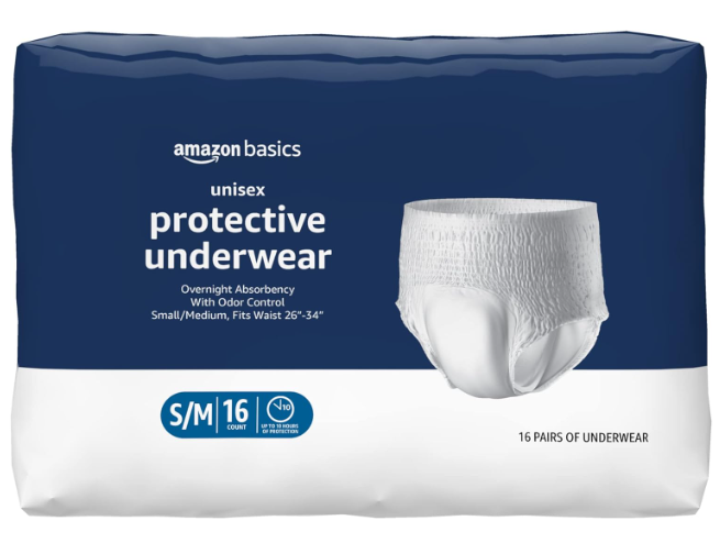 Photo 1 of Amazon Basics Incontinence Underwear for Men and Women, Overnight Absorbency, Small/Medium, 64 Count, White (Previously Solimo) Small/Medium (64 Count)