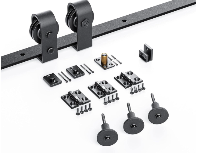 Photo 1 of FINOSEN 28'' Bi-Fold Sliding Barn Door Hardware Track Kit for Two 12'' Doors,Top Mount Installation,Heavy Duty Roller,Smoothly and Quietly,Black(Door Not Included) 28'' for 2 doors