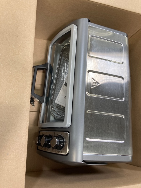 Photo 1 of Hamilton Beach Air Fryer Countertop Toaster Oven with Large Capacity, Fits 6 Slices or 12” Pizza, 4 Cooking Functions for Convection, Bake, Broil, Roll-Top Door, Easy Reach Sure-Crisp, Stainless Steel Easy Reach Sure-Crisp Stainless Steel