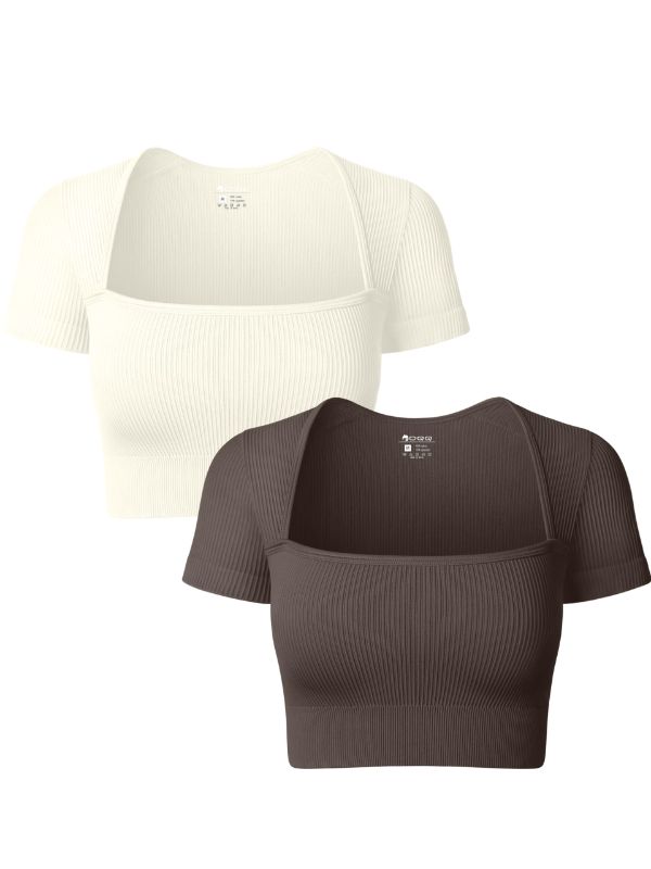 Photo 1 of OQQ Womens 2 Piece Shirts Short Sleeve Ruched Square Neck Stretch Fitted Tee Shirts Crop Tops (BROWN & BEIGE) - Medium