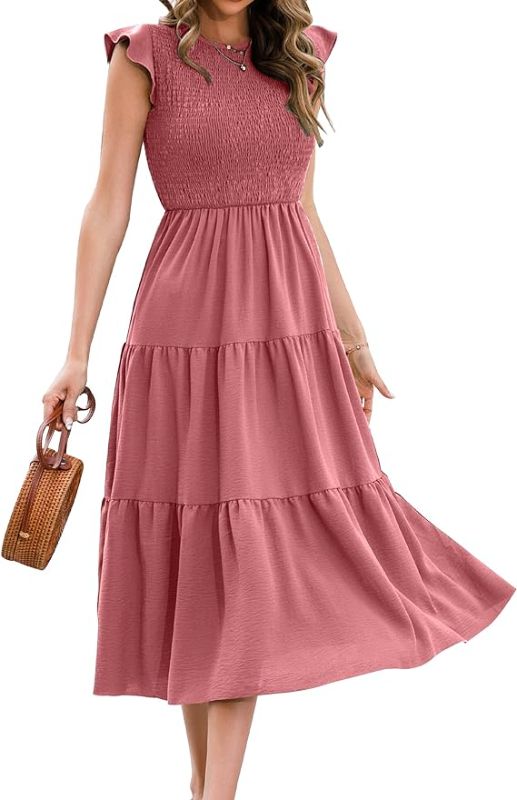 Photo 1 of Summer Dresses 2023 Boho Maxi Ruffle Dresses Smocked Dress for Women - Dark Pink (X-Large)