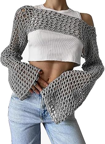 Photo 1 of small Women's Versatile Hollow Knit Sweater Bell Long Sleeve Mesh Crocheted Crop Top Fashion Sexy Beach Bikini Cover Up
