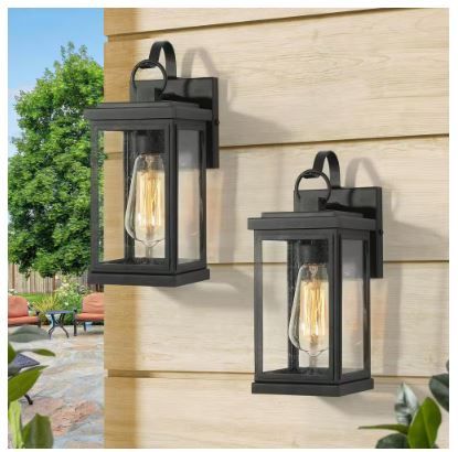 Photo 1 of 1-Light Matte Black Hardwired Outdoor Wall Lantern Sconce with Seeded Glass Shade (2-Pack)
