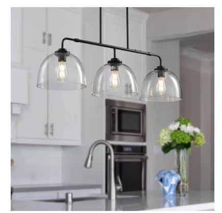 Photo 1 of 3-Light Black Shaded Pendant Light with Transparent Glass Shade, Moder Chandeliers for Dining Room
