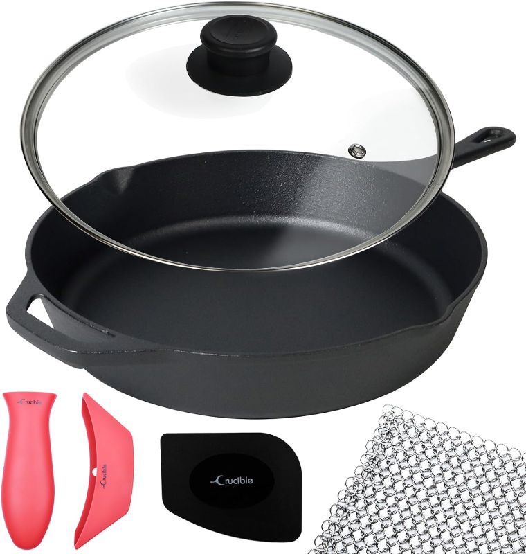 Photo 1 of 12-Inch Cast Iron Skillet Set (Pre-Seasoned), Including Large & Assist Silicone Hot Handle Holders, Glass Lid, Cast Iron Cleaner Chainmail Scrubber, Scraper | Indoor & Outdoor Use
