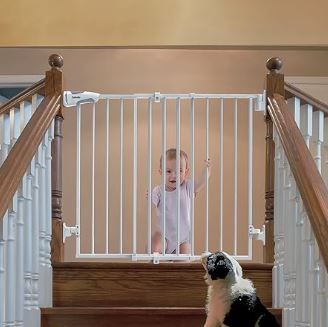 Photo 1 of Babelio 26-43" No Bottom Bar Baby Gate for Babies, Elders and Pets, 2-in-1 Hardware Mount Dog Gate for The House, Stairs and Doorways, Safety Pet Gates with Large Walk Thru Door, White