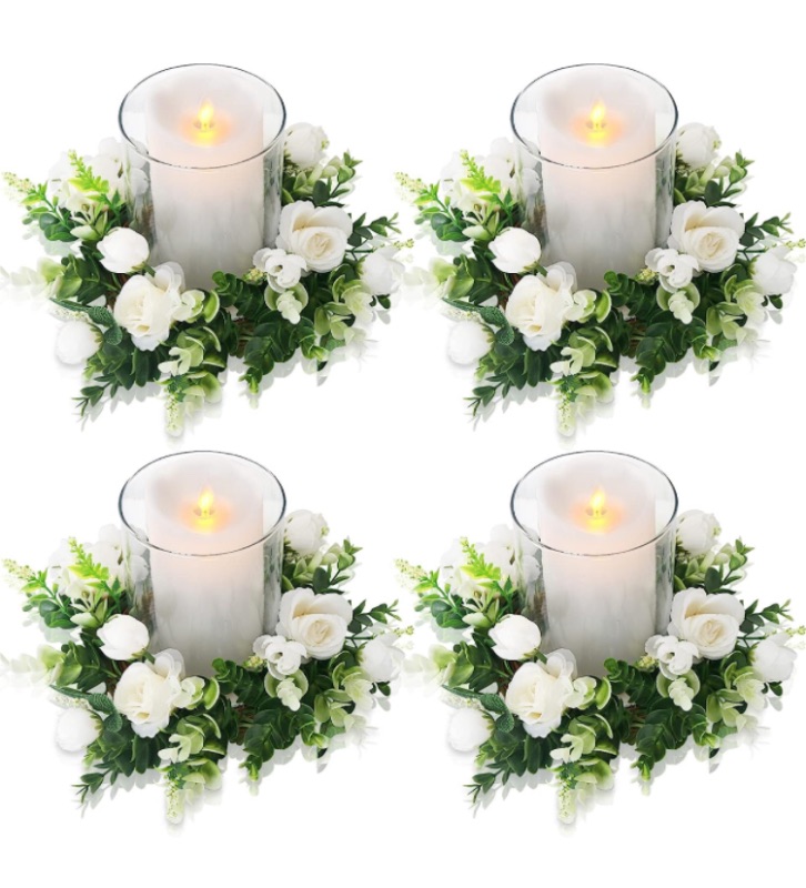 Photo 1 of 4 Pcs White Rose Candle Rings - Artificial Floral Wreaths with Eucalyptus Leaves Greenery Garland for Pillar Candleholders Wedding Centerpiece Party Home Table Decor