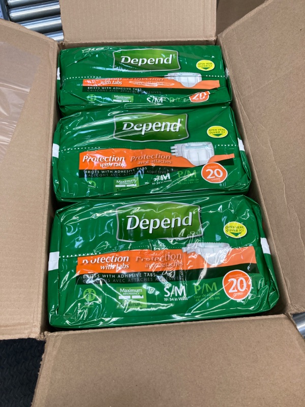 Photo 2 of Depend Incontinence Protection with Tabs, Unisex, Small/Medium (19–34" Waist, Up To 170 lbs), Maximum Absorbency, 60 Count (3 Packs of 20) Small/Medium (60 Count)