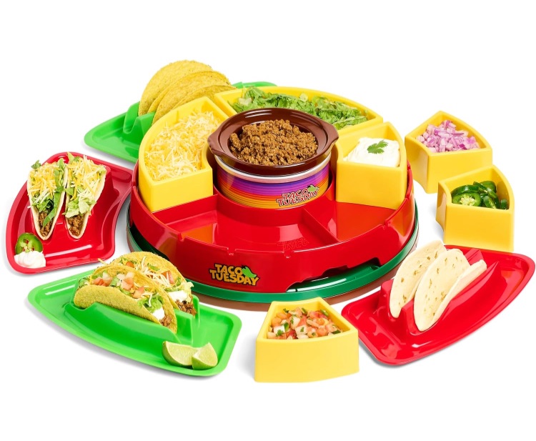 Photo 1 of Nostalgia Taco Tuesday Heated Lazy Susan Taco Bar Serving Set for a Party with 4 Tortilla Holders, Fondue Pot for Burritos, Nachos, and Fajitas - 20 Oz. - Red