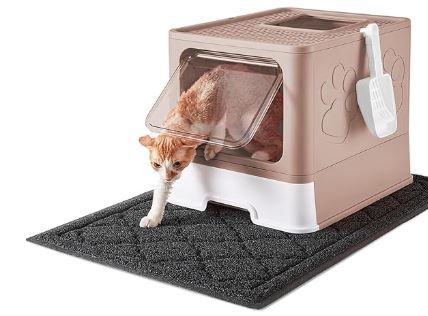 Photo 1 of Cat Litter Box with X-Large Litter Mat and Scoop, Large Foldable Litter Box with Lid, Front Top Entry Exit Kitty Litter Box, Odor Control Easy Clean (Upgrade Coffee)