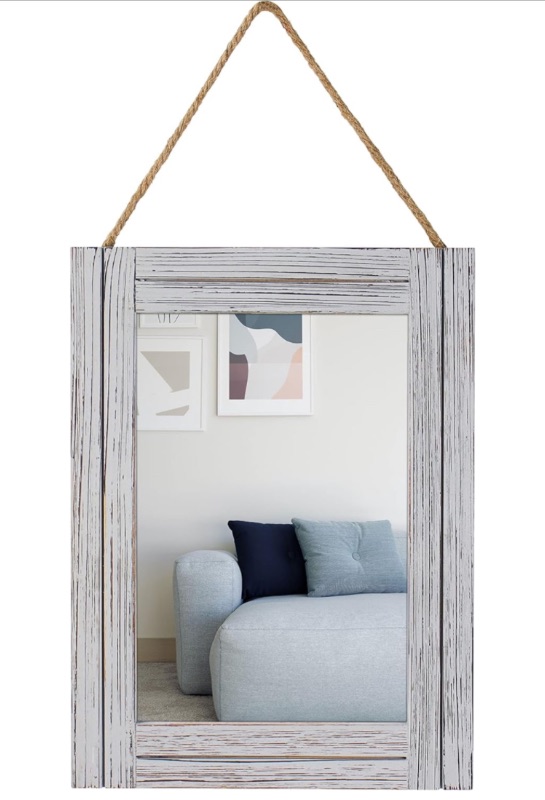 Photo 1 of 12 x 16 in Wall Decorative Mirror, Rustic Wood Frame Rectangular Mirror with Hanging Rope for Entryway, Bedroom, Guest Bathroom, Living Room, Bedroom - Grey