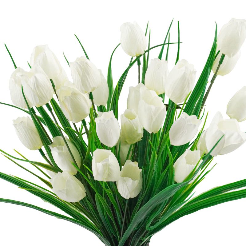 Photo 1 of 6 Bundles Tulips Artificial Flowers,30 Heads Outdoor Artificial Tulip Faux Plastic Greenery Shrubs Plants UV Resistant for Easter Home Outside Garden Porch Window Decor (White)