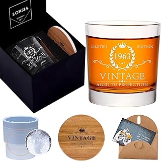 Photo 1 of *** BUNDLE X 3 *** 61th Birthday Gifts for Men, Whiskey Glass Set in Gift Box, 61th Birthday Decorations for Him, Dad, Husband, Friends, 61 Year Anniversary, Bday Gifts Ideas - Ice Ball Mold & Coaster & Gift Card