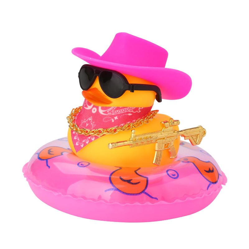 Photo 1 of *** BUNDLE X 3 *** Ducks for Cars - Rubber Duck for Dashboard of Car, Yellow Duck Car Dashboard Decorations, Squeak Ducks Car Ornaments Car Décor Accessories with Hat Swim Ring Necklace Sunglasses for Decor Home B07 Red & Rs Bg & Pduck