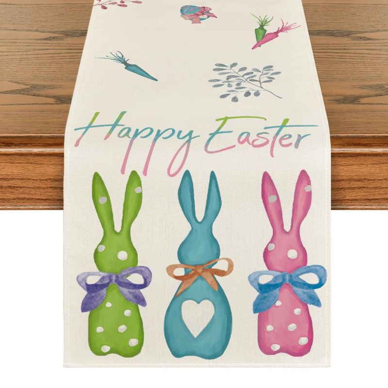 Photo 1 of *** BUNDLE X 2 *** Artoid Mode Green Blue Pink Rabbit Bunny Happy Easter Table Runner, Spring Seasonal Holiday Kitchen Dining Table Decoration for Home Party Decor 13 x 72 Inch 13" x 72", Table Runner Green/Blue/Pink