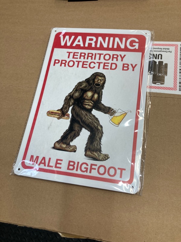 Photo 2 of Bigfoot Sasquatch Funny Metal Sign Decor Signs - Territory Protected by Male Warning for Property, Mancave, Bedroom No Trespassing Wall Decor, Fence, Garden, Backyard, Multicolor