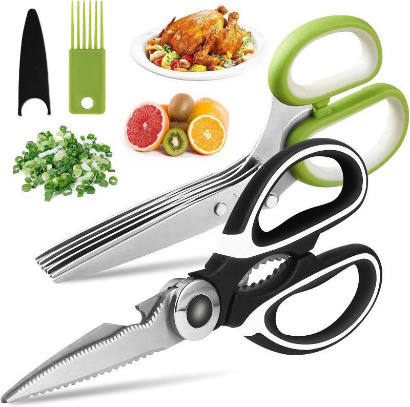 Photo 1 of ***SEE PHOTOS FOR COLOR***Kitchen Scissors Set, Heavy Duty Kitchen Scissors Stainless Steel, Sharp Kitchen Shears & Herb Scissors with Cover for Food Meat Cutting - 2 Pack
