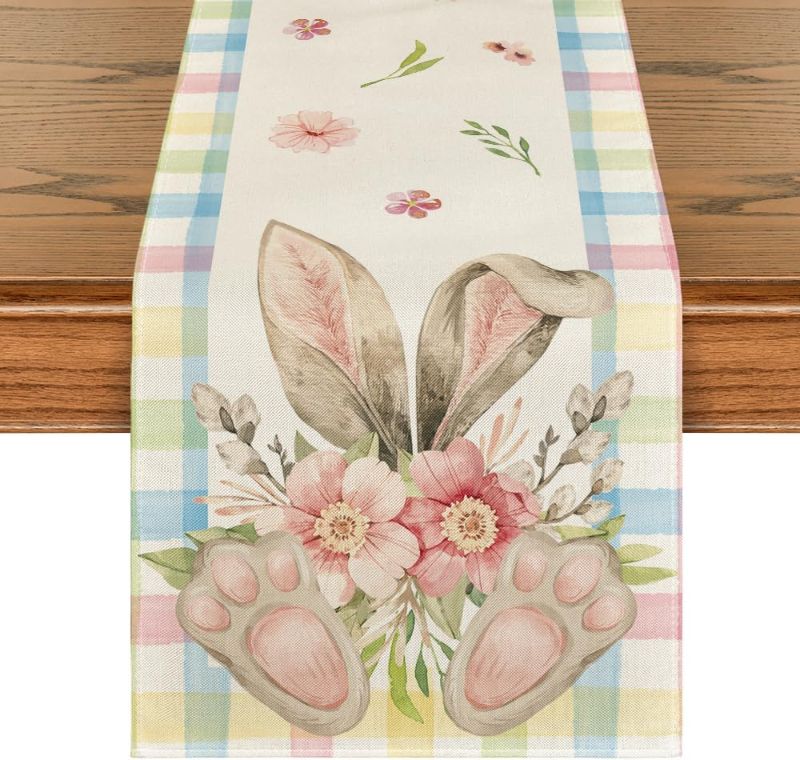 Photo 1 of Artoid Mode Pink Blue Buffalo Plaid Bunny Ear Foot Flower Easter Table Runner, Seasonal Kitchen Dining Table Decoration for Home Party Decor 13x108 Inch
