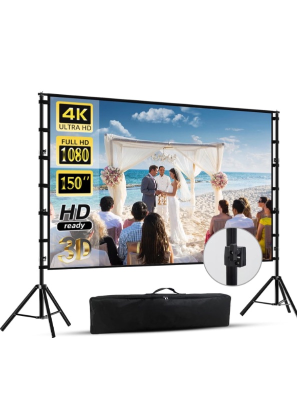 Photo 1 of ***(NO MANUAL)***
150 inch Projector Screen With Stand,HUANYINGBJB Outside Projection Screen, Portable 16:9 4K HD Rear Front Movie Screen with Carry Bag for Theater Backyard Movie night,Cinema School, Churches, Parties