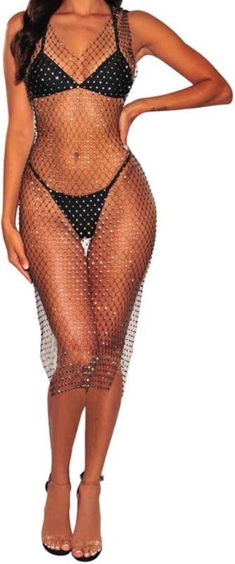 Photo 1 of  Women Sexy See Through Mesh Beach Bikni Swimsuit Sleeveless Cover up Rhinestone Midi Dress