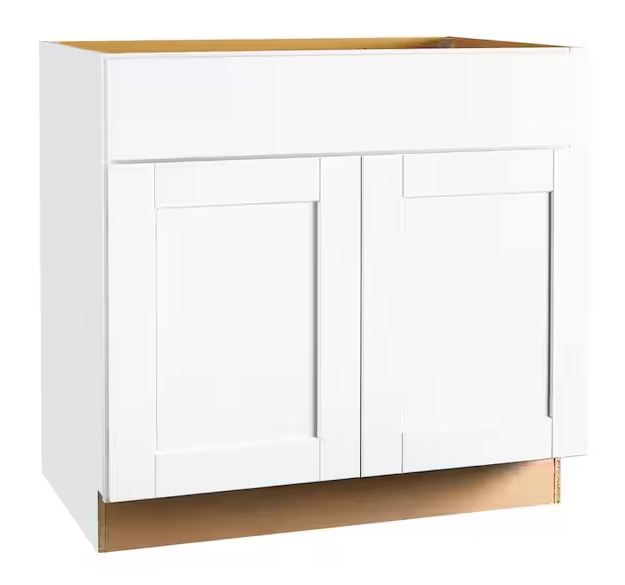 Photo 1 of ***SCUFFS AND DAMAGE TO THE BOTTOM LEFT FRAME, VISIBLE IN PHOTO*** Hampton Bay Shaker 40 in. W x 13 in. D x 30 in. H Assembled Sink Base Kitchen Cabinet in Satin White