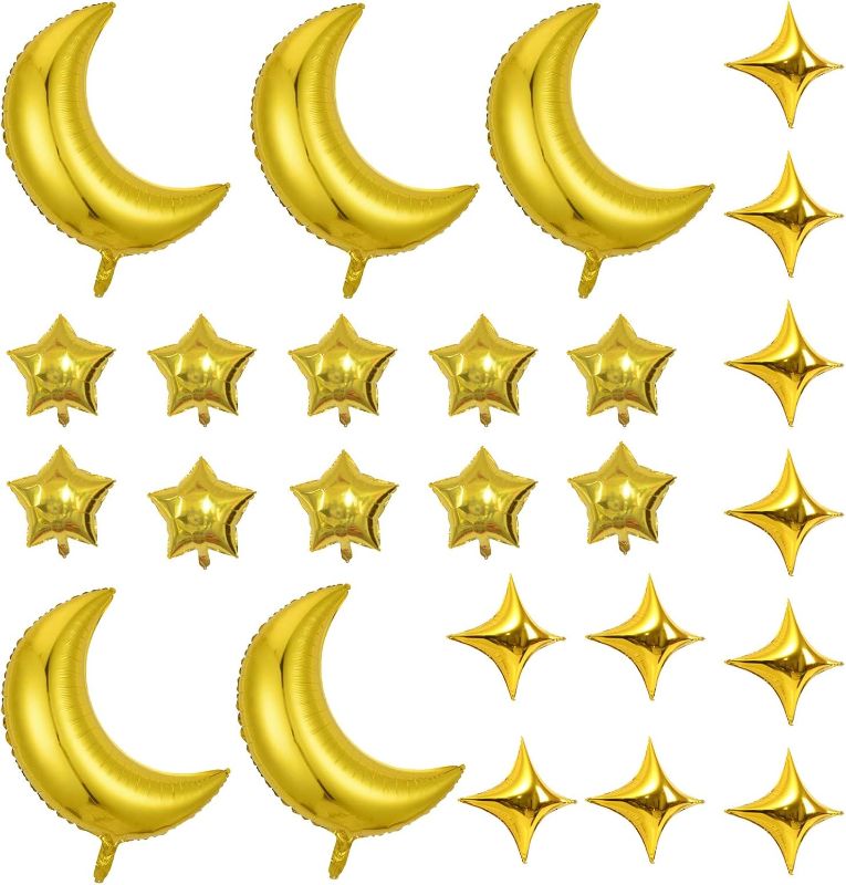 Photo 1 of 21Pcs Moon Star Shape Foil Balloons Set with 5 Pcs 28 Inch Large Moon Foil Balloons and 20 Foil Star Balloons for Wedding Baby Shower Birthday Graduation Anniversary Party (golden)