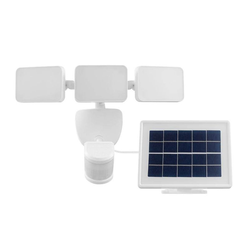 Photo 1 of 180-Degree White Motion Activated Solar Outdoor 3-Head Dusk-to-Dawn LED Security Flood Light 2100 Lumens
